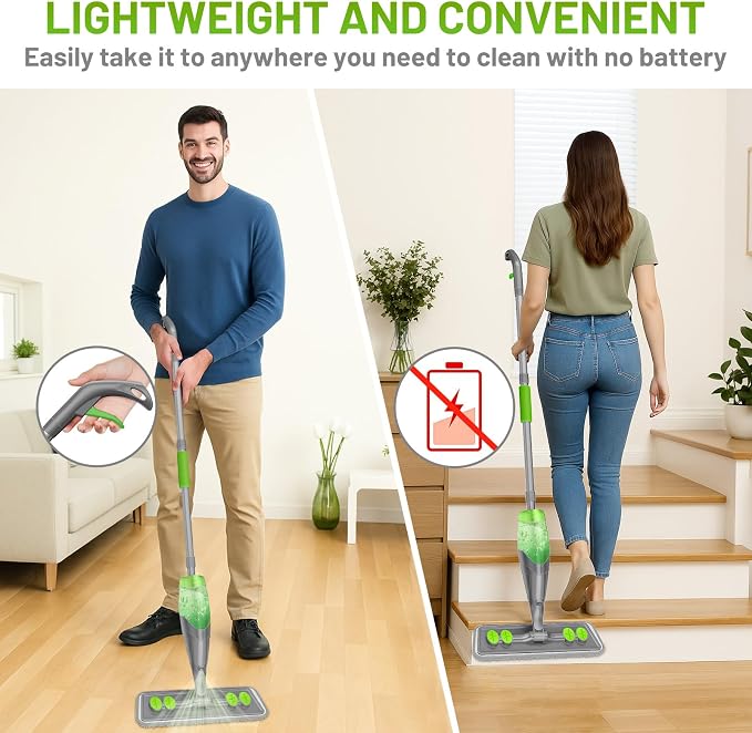Spray Mop for Floor Cleaning - Wet Dry Mops for Multi-Surfaces | 3 Microfiber Washable Pads Compatible With Swiffer Powermop, 500+ ML Refillable Bottle, 360° Swivel Head, Grey Green