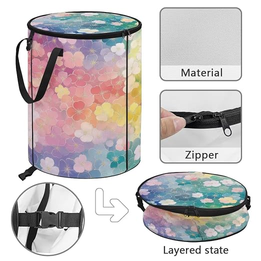 Watercolor Flower Pop up Camping Trash can with lid Collapsible 24 Gallons Trash can with Sorting Clips,Garden Garbage Bag with Lid,Lawn and Leaf Bags - Reusable Yard Waste Bags