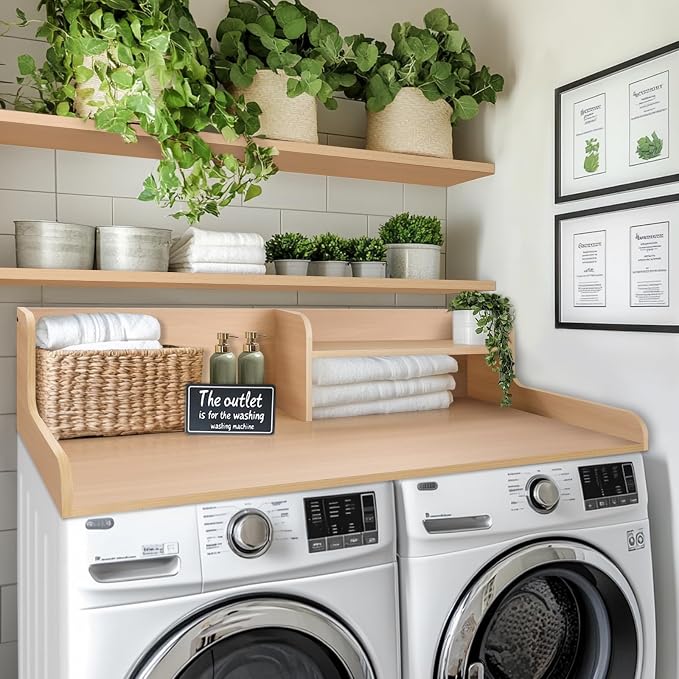 Washer Dryer Countertop 2 Tier 58 inches Wide, Laundry Shelf Topper with Edge, 58" W x 28" D x 12" H Laundry Space Organizer, Light Walnut