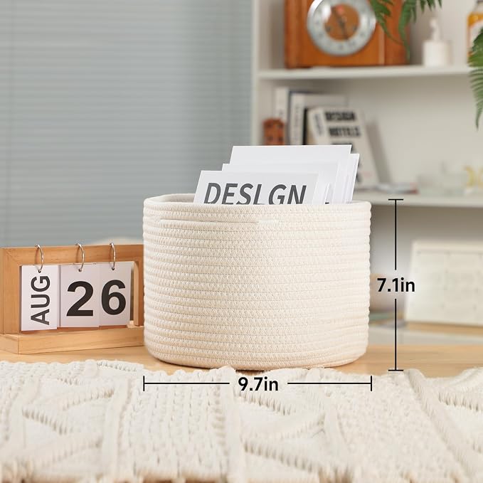 MiniArk Small Basket for Organizing | Cube Shelf Closet Storage Baskets | 9.7×9.7×7.1” | Woven Rope Gift Basket | Nursery | Round 3 Packs Off White