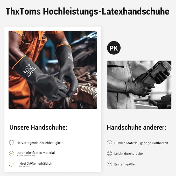 ThxToms Chemical Resistant Gloves, Puncture Resistant,Latex | Heavy Duty Rubber Gloves, Acid Oil & Alkali Resistant for Industrial Cleaning, Auto Repair, Mechanics, 14", 1 Pair