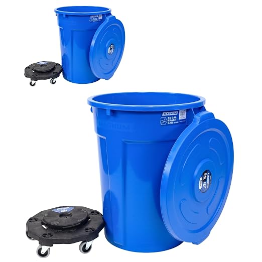 Magnum Blue 55 Gallon Trash Can Set (Trash Can, Quiet Dolly, and Reinforced Lid), Construction Grade, Jobsite Ready for Handling and Rolling Garbage CMTC-CLD0-55B02 (2 Set)