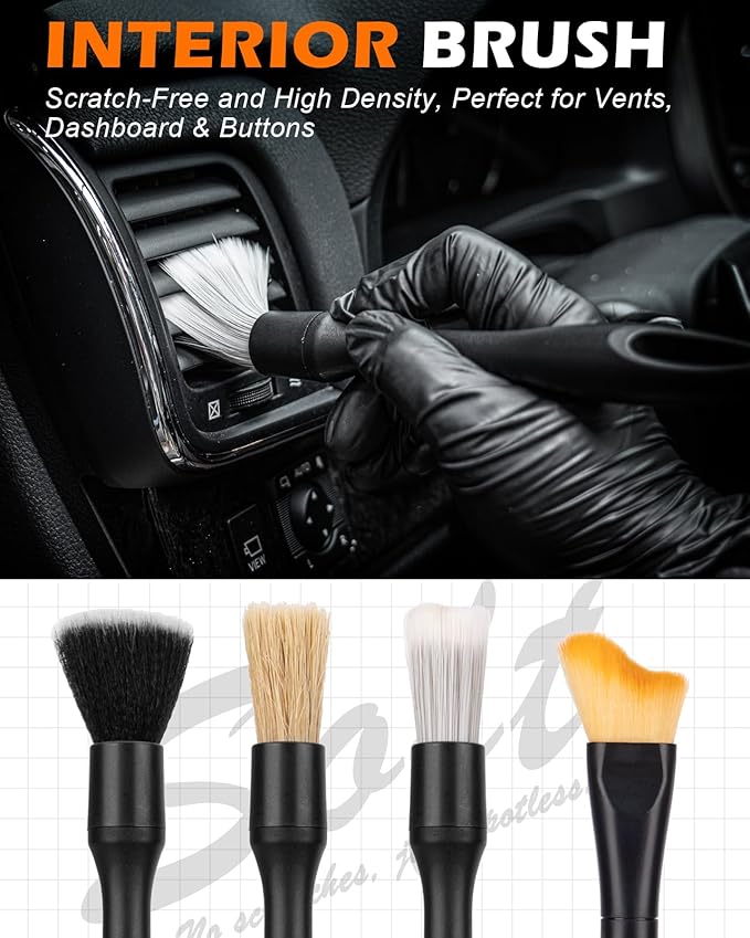 8PCS Car Detailing Brush Set, Interior Car Cleaning Kit with Dash Duster | 4 Detailing Brushes (Soft to Hard), Microfiber Towel, Cleaning Gel, for Vents, Dashboard & Leather Seats