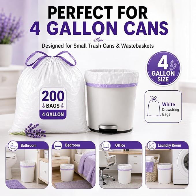 4 Gallon Trash Bags, 200 Count, Lavender Scented Drawstring Bags | White Small Garbage Bags for Bathroom, Bedroom, Office and Wastebaskets, Bulk Value Pack for Small 4 Gallon Trash Cans