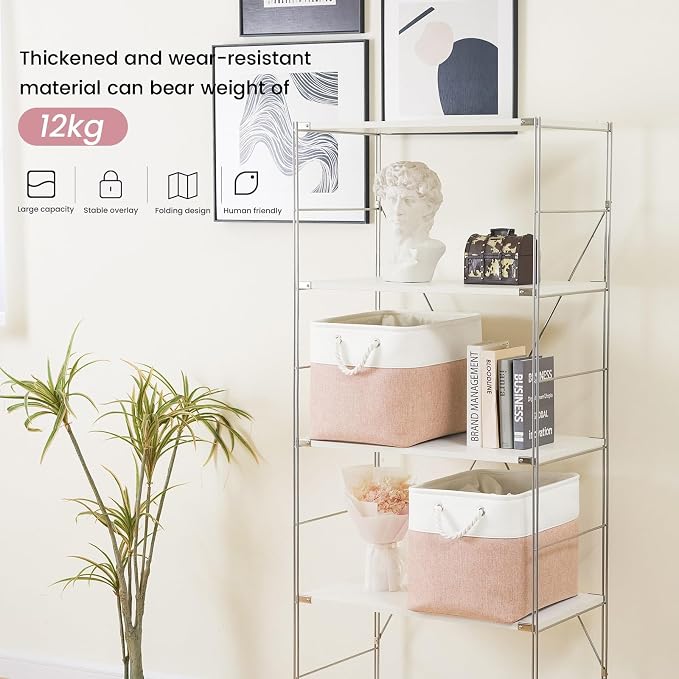 16x12x12 In Foldable Fabric Large Storage Bins with Handle 1 Pack | Storage Basket with Draw String Top, Sturdy Metal Strand, Cardboard Support Molding, for Shelf, Closet, Bedroom, White/Pink