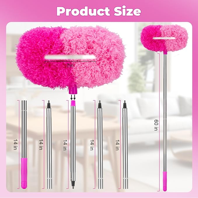 CALBEAU Pink Ceiling Fan Cleaner Duster, Ceiling Fan Duster Kit, 13PCS | Duster Kit with 60-inch Extension Pole, Storage Bag, Dusters for Cleaning High Ceilings Fan Blades