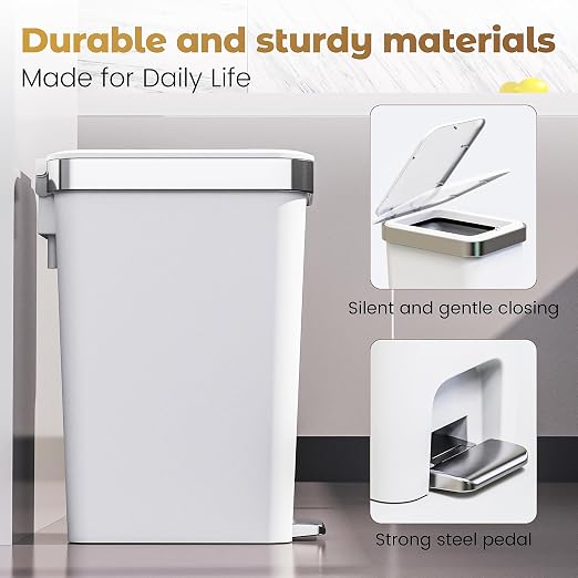 Small Bathroom Trash Can with Lid,2.6 Gallon Step Pedal Wastebasket | Plastic Garbage Can with Pop-Up Lid and foot pedal,Dorm Trash Can,White Trash Bin for Bedroom,Office,Laundry,Toilet,Rv