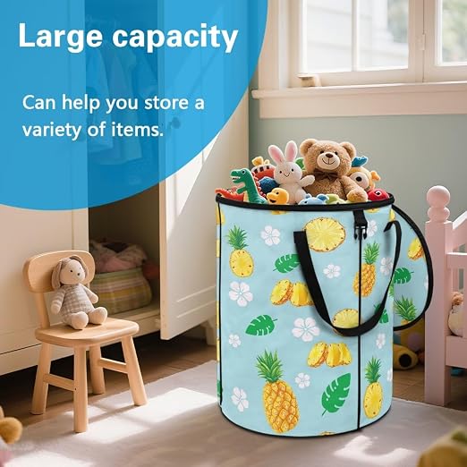 BIGCARJOB Pineapple Collapsible Trash Can Portable Tall Trash Can Holder Oval Recycling Bin 22.83x17.71 Outside Garbage Bin Bag with Clip and Zipper Lid