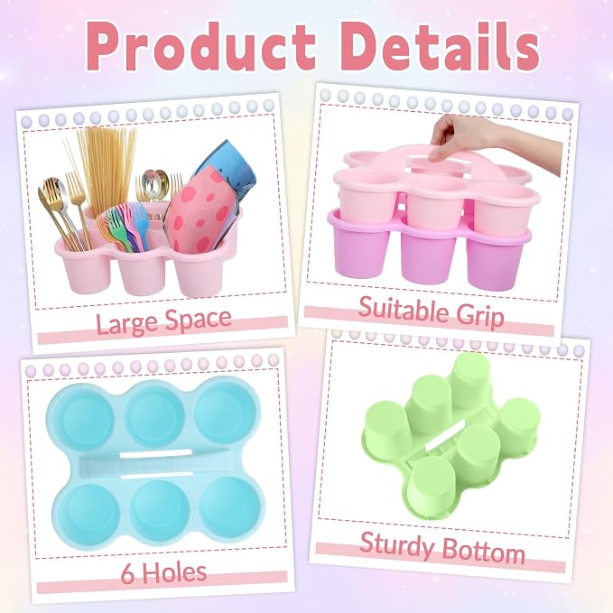 6 Pack Classroom Caddy Organizer with Handle, 6 Compartments, Pastel | Stackable Plastic Table Caddies, 12x9x3.5 In, caddy Organizer for School Supplies, Crayons, Pencils, Crafts and Drink Cups