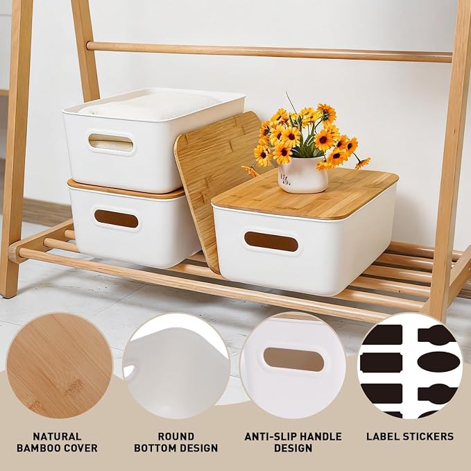 Citylife 16QT Storage Bins with Bamboo Lids, Stackable with Handles, 2-Pack | Decorative Plastic Storage Bins with Lids for Toys, Pantry Items, Crafts, Bathroom Supplies, Shelves, and Home Organization
