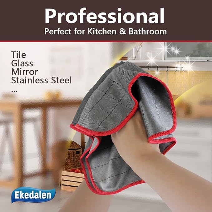 Microfiber Cleaning Cloth Lint Free Glass Polish, Red-Dark Grey | 400GSM Carbon Fiber Cloth for Glass Window Mirror Kitchen, Streak Free, Auto Detailing Easy Clean, 16 x12 in, 6 Pcak