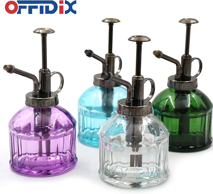 OFFIDIX Glass Plant Mister Vintage Style Spray Bottle Mist 6.7oz Dark Green | Fine Mist Spritzer Bronze Plastic Top Pump, 6.3" Tall 200ml One Hand Watering Can Indoor, Spray Bottle for Garden Small Plant