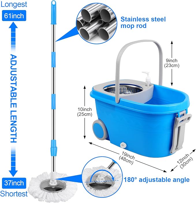 Spin Mop and Bucket with Wringer Set, 3 Mop Heads, 61" Adjustable Handle | 360° Spinning Mop Bucket System with 3 Microfiber Mop Heads & 61" Stainless Steel Adjustable Handle for Floor Cleaning