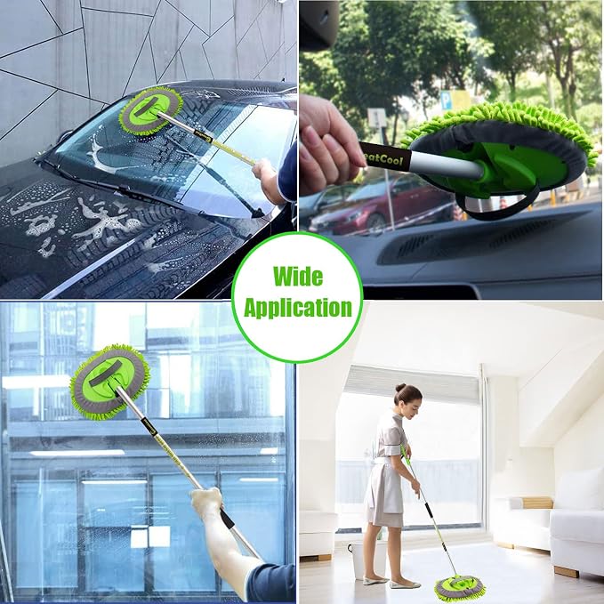 62" Car Wash Brush Mop Kit with Long Handle, 2 in 1 Chenille Microfiber Sponge Mitt Cleaning Detailing Duster for Washing Cars Truck SUV RV Caravans and Household(2 x Mop Head)
