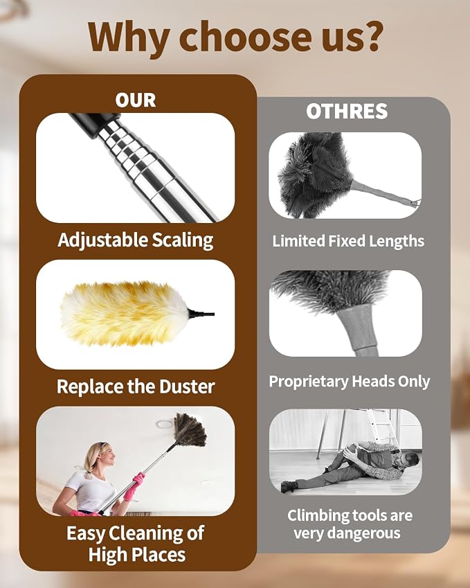 Extendable Ostrich Feather Duster with Bonus Wool Feather Duster Head - Natural Fluffy Non-Slip Handle Feathers Dusters for Cleaning Ceiling Fans, Blinds, Roof Dusting, High Surfaces (18-48 in)
