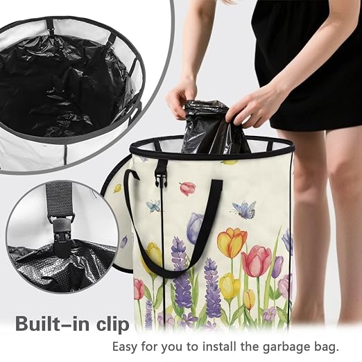 Tulip Butterfly Outdoor Collapsible Trash Can Lightweight & Easy to Carry Pop up Trash Can for Camping Foldable Waterproof Camping Essentials 24 Gal Yard Garden Garbage Bin