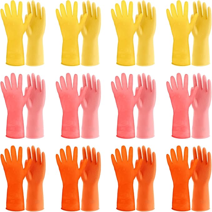 12 Pairs Kitchen Gloves for Washing Dishes, Rubber Cleaning Gloves for Dishwashing, Household Washing Dishes Cleaning Gardening, Non-Slip Dishwashing Gloves Reusable for Women Men, 3 Colors