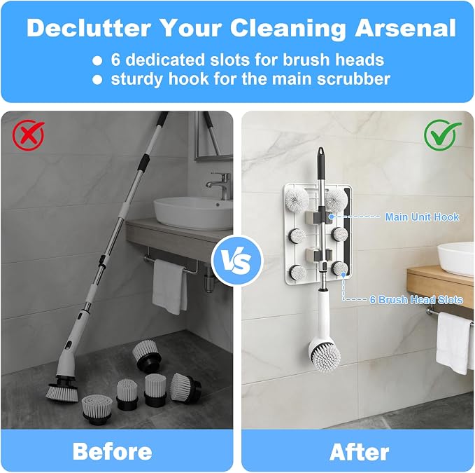 layyah Spin Scrubber Wall Mount Organizer Rack | Electric spin scrubber wall mount organizer, adhesive or screw install, holds 6 brush heads bathroom shower storage
