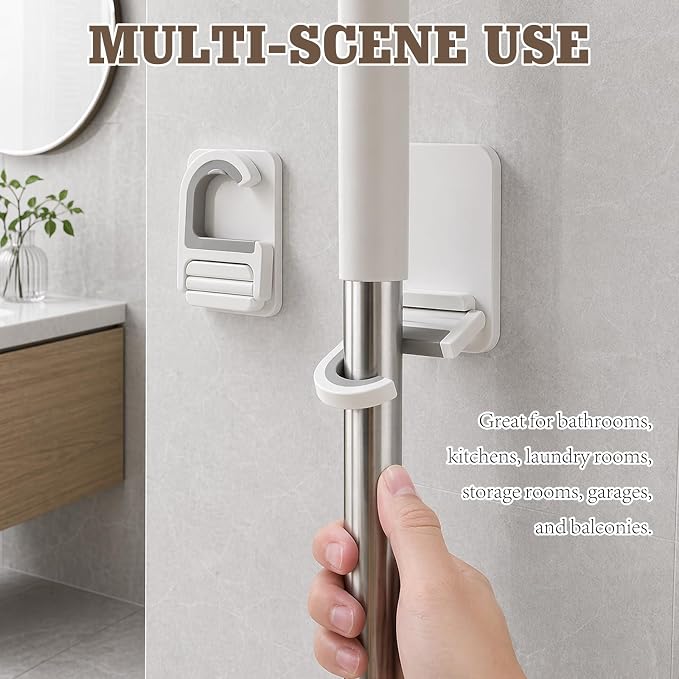 White 3-Pack Broom & Mop Wall Organizer – No-Drill Gripper Hanger for Household Cleaning Tools.