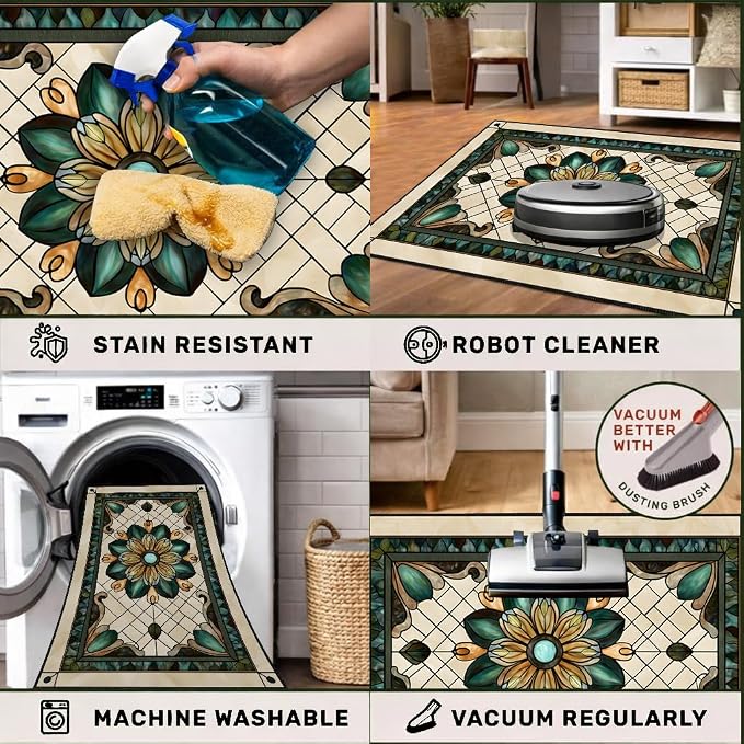 Stained Glass Floral Laundry Mat 23.6 x 19.6 Inch (Retro Green)