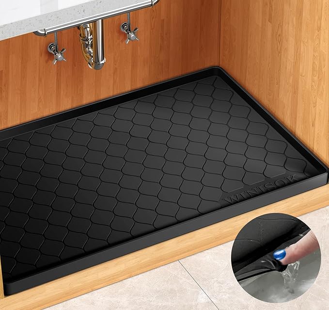 Winisok Waterproof Under Sink Mat 22" x 22", Silicone Mat, Black | Raised Edge Traps Spills & Leaks, Shelf Liner, Cabinet Protector, for Kitchen, Bathroom, Boots, Pets, Home Essentials
