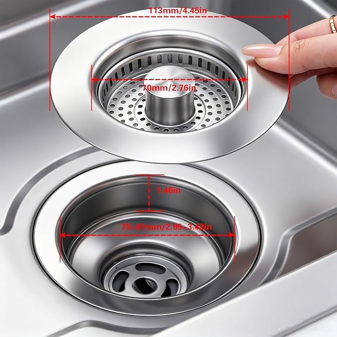 MAISHI 3-in-1 Kitchen Sink Drain Strainer & Stopper [2 Pack], 304 Stainless Steel Pop Up Drain Plug with Durable Brass Core, Anti-Clogging Sink Basket and Cleaning Brush, Fits US Standard 3-1/2"