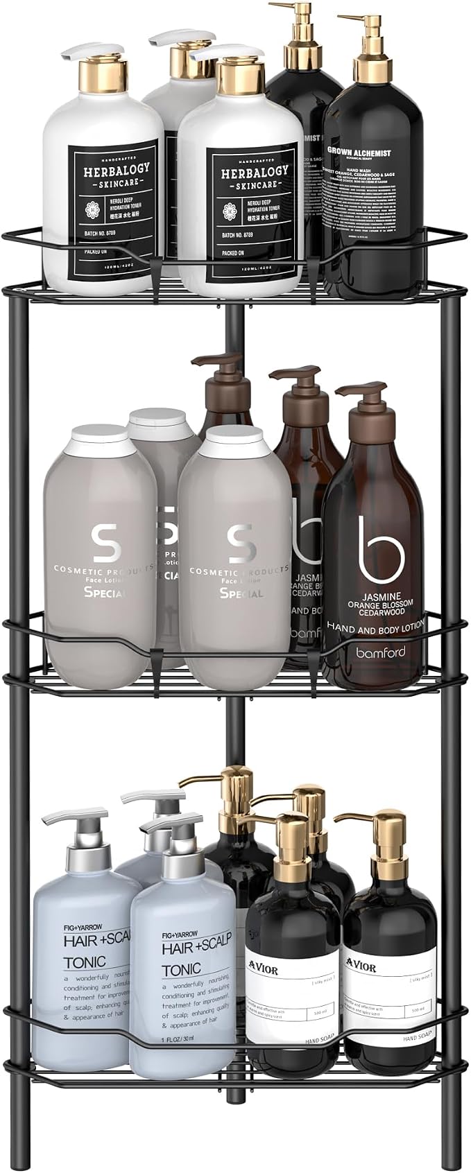 HuggieGems Metal Floor Standing Corner Shower Caddy, Matt Black, 3 Tier | Adhesive Bathroom Organizer Shelves, Free Standing Shower Rack with Hooks, Hold Large Shampoo Bottles