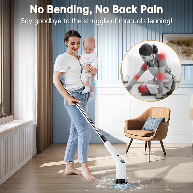 PUFTEM Electric Spin Scrubber, Cordless Shower Scrubber, Adjustable Handle | Dual Speed, 8 Replaceable Brush Heads, Adjustable Extension Handle, Battery Level Display, Bathtub, Tile & Floor Cleaning