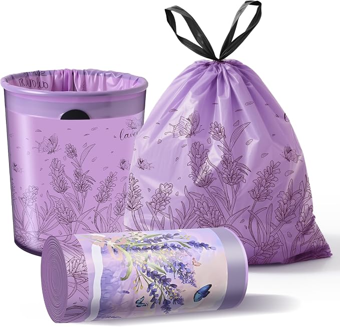 Lavender Scented Small Garbage Bags,Trash Bags 4 gallon Drawstring For Bathroom,Office,Bedroom,Car,Suitable for 2-4 gallon trash can,colorful Print,purple,50 Counts