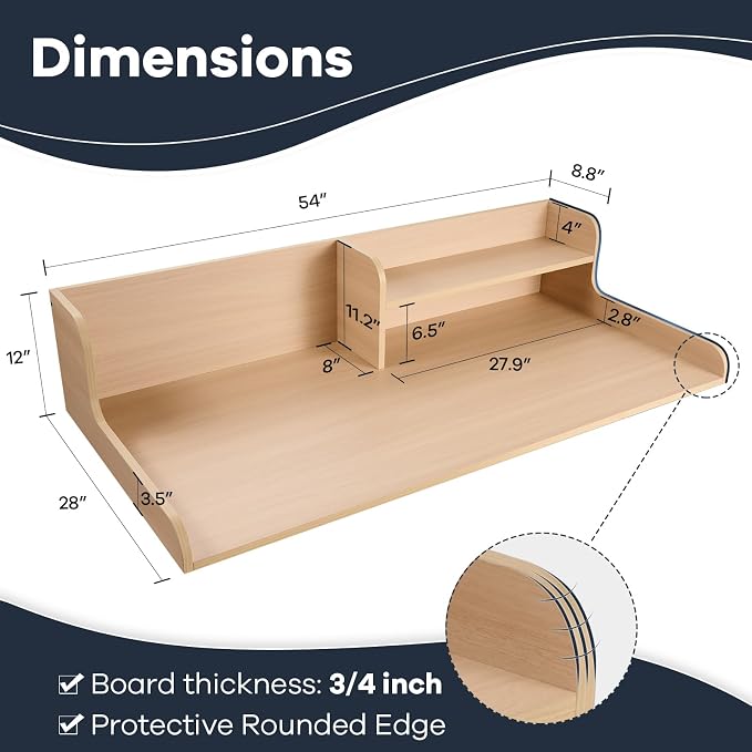 Washer Dryer Countertop 2 Tier 54 inches Wide, Laundry Shelf Topper with Edge, 54" W x 28" D x 12" H Laundry Space Organizer, Light Walnut