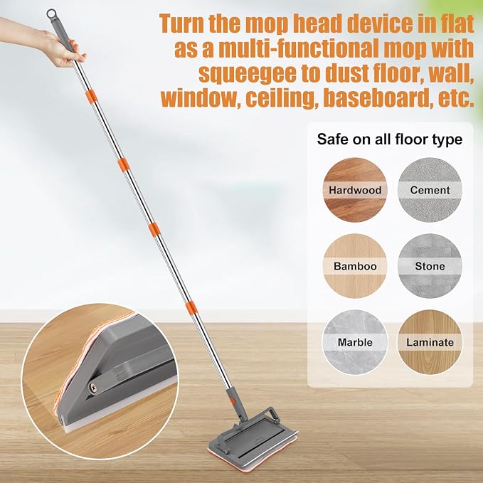CALBEAU Baseboard Cleaner Tool with Handle, Ceiling Fan Cleaner Duster | 84'' Pole; 2 Chenille + 3 Microfiber Reusable Pads; Squeegee for Streak-free; for Ceiling Fan, Baseboard, Wall, Window, Floor