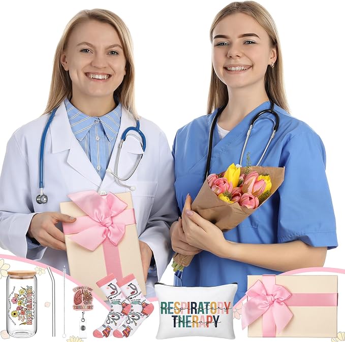 Skylety 5 Pcs Respiratory Therapist Gifts for Women | 16oz Glass Cup Socks Cosmetic Bag Badge Reel, RT Appreciation Gift Box, Respiratory Therapist accessories, Nurse Doctor Gift