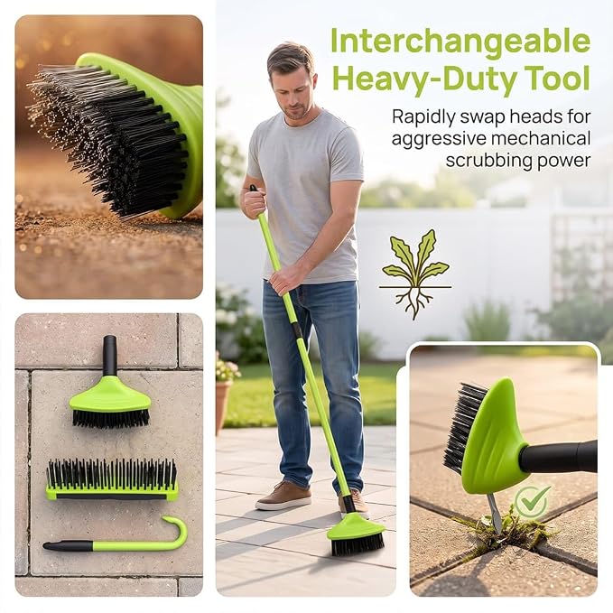 3-in-1 Versatile Weed Brush Combo Set, Floor Scrub Brush with Long Handle | Interchangeable Deck Cleaning Tool, Deck Brush for Patio, Concrete, Driveway & Outdoor Cleaning