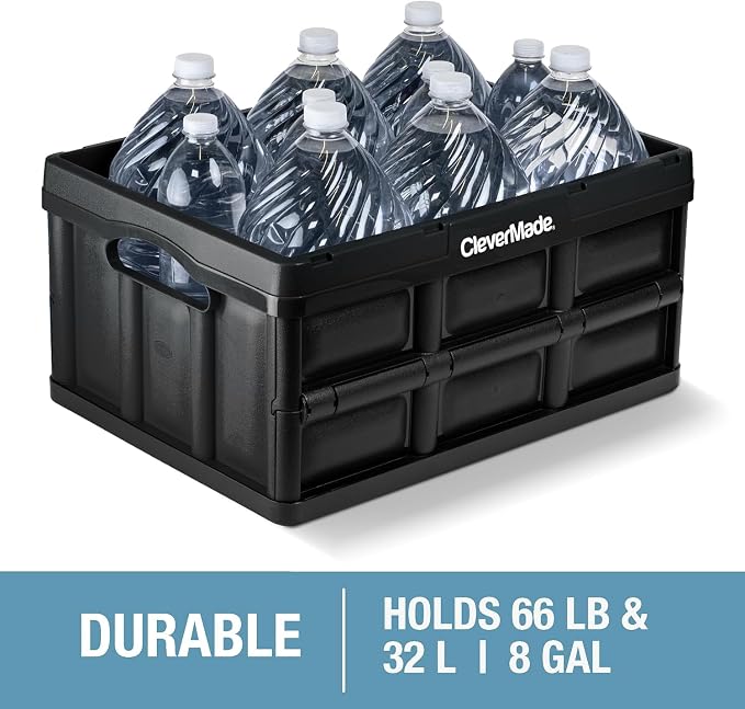 CleverMade Collapsible Storage Bins, 32L, 3 Pack Foldable Storage, Obsidian | Turn Trunk and Garage Clutter into Stackable Order | Reinforced Plastic Handles Up to 66 lb, Then Nests Compactly When Folded