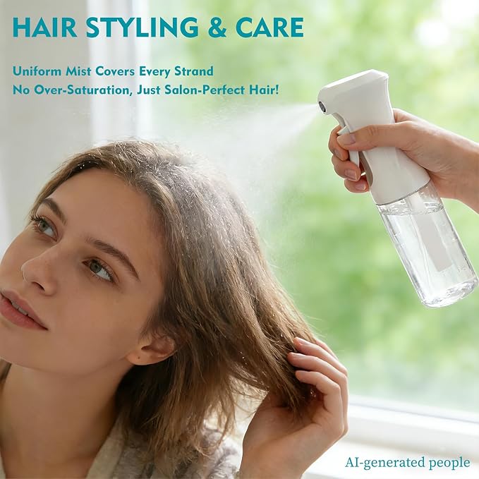 Continuous Spray Bottle for Hair, 6.8 OZ Ultra Fine Mist Spray Bottle | Leak Proof, Pre-Compression Technology, 360° Mist Sprayer for Hair Styling, Cleaning, Watering and Pets