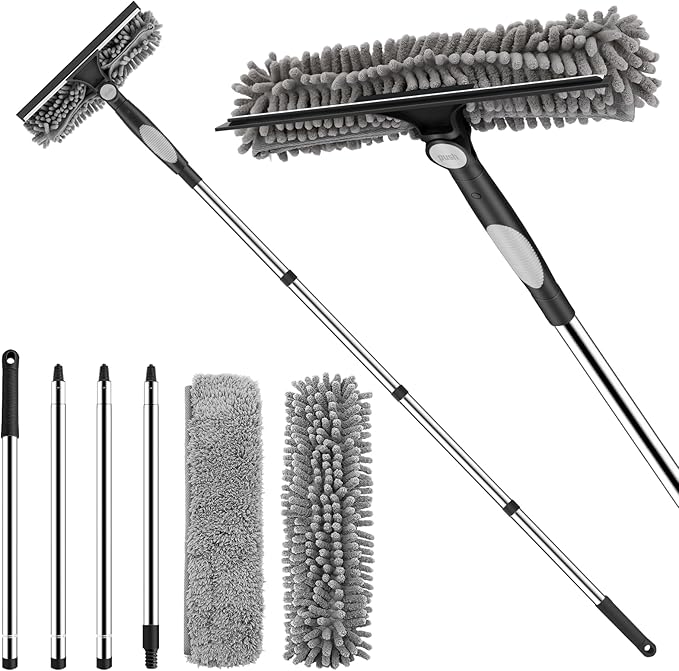 SetSail Window Squeegee with 66in Extension Pole 2-in-1 Window Cleaning Kit | Professional Window Cleaner Tool for Outdoor Indoor Car Windows Glass, Rotatable Head and 2 Scrubbers, Black Grey