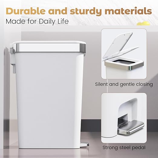2Pack Small Bathroom Trash Can with Lid Foot Pedal,2.6 Gal Trash Bin | 10 Liter Step Pedal Wastebasket Plastic Garbage Can with Pop-Up Lid for Kitchen,Bedroom,Office,Dorm,Laundry,Restroom,Rv,White