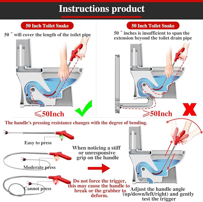 Toilet Snake Drain Clog Remover with Flexible Grabber Claw Use for Toilet Drain Auger Retrieve Lost Toys/Items, Clear Mild Clogs Affordable Alternative to Plumbers for Effective Drain Unclogging