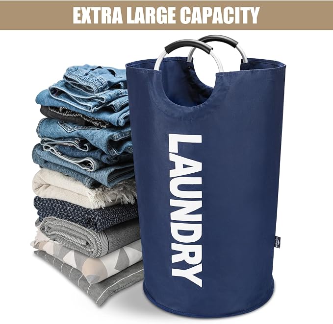DOKEHOM 90L Large Laundry Basket Bag, Collapsible Tall Hamper, Dark Blue | Freestanding tall washing bin & foldable laundry bag. High-capacity clothes storage basket with durable sturdy handles