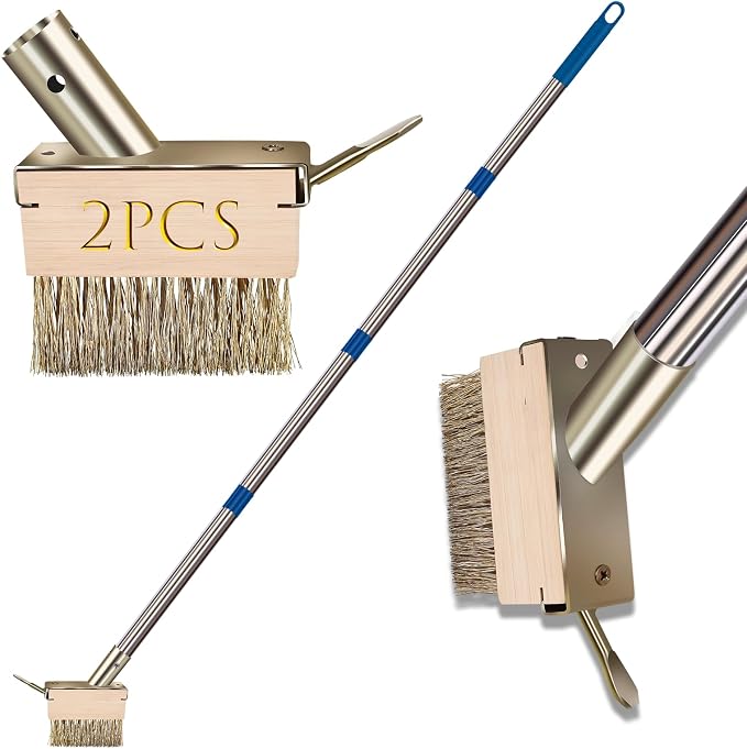 Moss Remover Brush Tool with 65in Handle for Concrete Pavers Crevice | 2 Pcs Wire Grout Brush Head, Detachable Long Handle, Crack Weeder Puller for Outdoor Deck Patios Walkways Roof Moss Removal