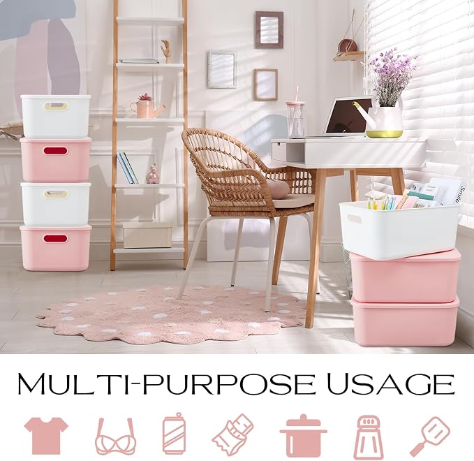 Hoolerry 8 Pack Storage Bins, 13.8 X 9.8 X 5.9 Inch White and Pink | Plastic Stackable Containers with Lid Handle, For Shelves Desktop Playroom Office, Organizing Toys Books Supplies Storage