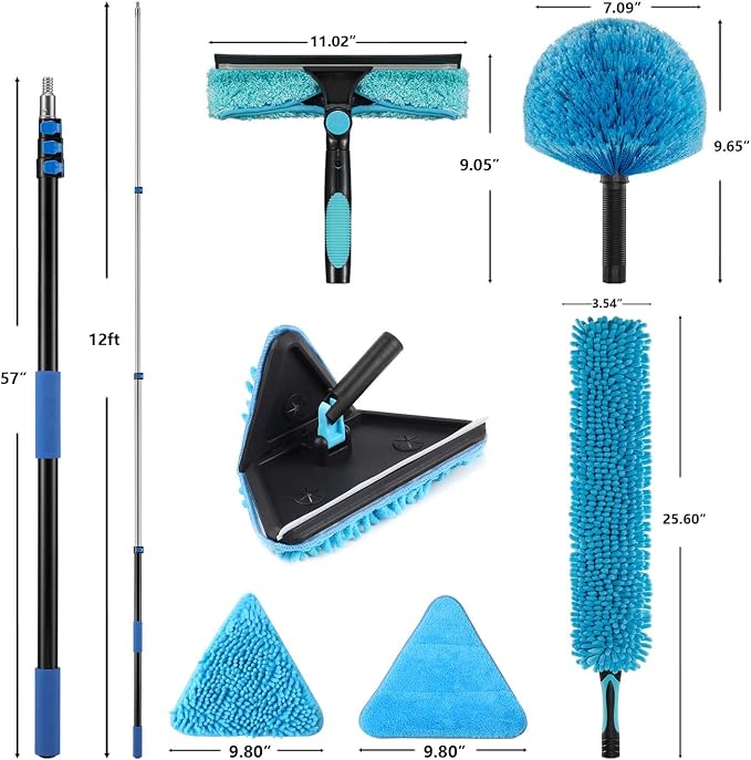 20ft Painted Wall Mop, 12ft Extension Pole, High Ceiling Cleaning Tool | Heavy Duty, 3-in-1 Cleaning Kit, 4 Microfiber Chenille Pad, Cobweb Duster, Fan, Baseboard, Window Squeegee Kit
