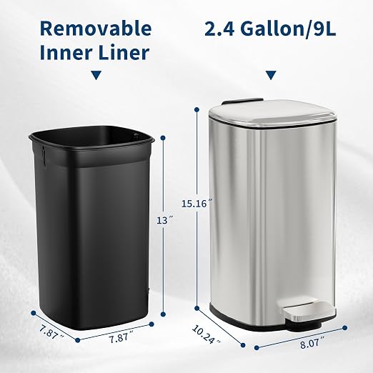 Garvee Bathroom Trash Can with Lid, 2.4 Gallon Slim Garbage Can, Silver | Step Pedal, Soft-close Lid, Rear Handle, Removable Plastic Inner Liner with Trash Bag Retainer Ring, for Kitchen, Bathroom