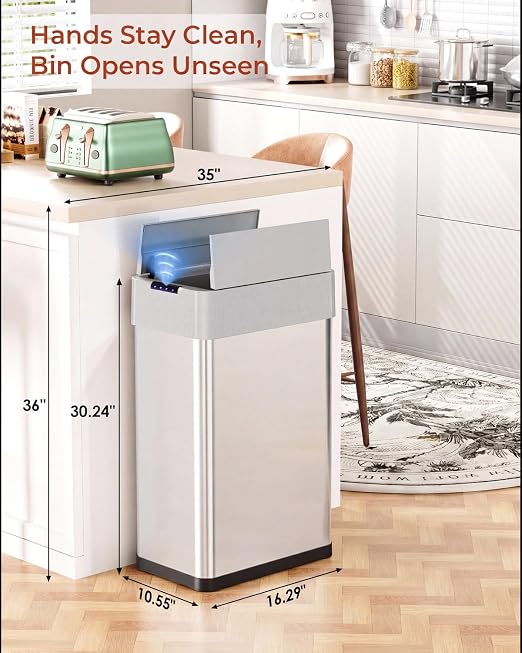 TLSUNNY 18.5 Gallon Automatic Trash Can, Motion Sensor Garbage bin | Stainless Steel Smart Trash Can W/ Butterfly Lid, Bag Retainer Ring for Living Room, Kitchen, Office (Silver, 70L)