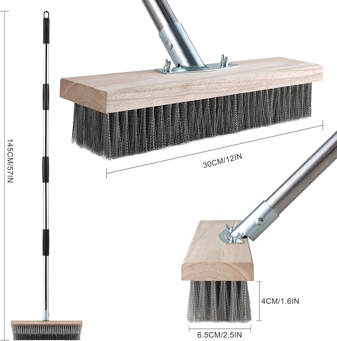 Wire Brush Long Handle 57'' Remove Moss on Deck Concrete Patio | Heavy Duty Outdoor Scrub Broom with Metal Stiff Bristle, Large Wire Scrubber for Weeds Removal in Garage Garden Roof Balcony