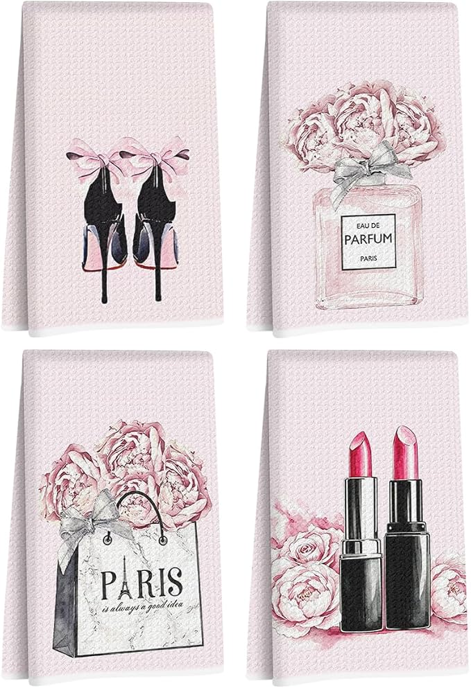 Hanamiya Na 4 Pcs Pink Hand Towels, Perfume Bow Decor Reusable Dish Towels | Fashion Gifts for Women Mom Girls Friend, Waffle Weave Microfiber Towels for Bathroom Home Decor 24x14 Inch