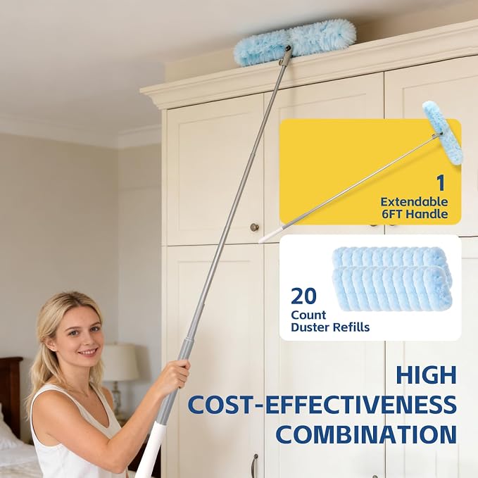 6 ft Duster Extended Handle with 20 Pcs Duster Refill for Swiffer | Duster with Extension Pole, Heavy Duty Duster Refills Kit for Ceiling Fan Blades, Cleaning, Furniture, Hard-to-Reach Area