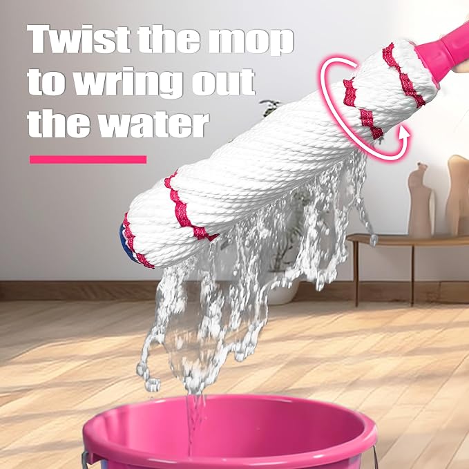 NEWE Self Wringing Twist Mop for Floor Cleaning, Upgraded 18-inch Wide Microfiber Mops, 55 Inches Long Handle Wet Dry Kitchen Easy Squeeze String Mop for Wood, Hardwood, Tile, Marble (Red)