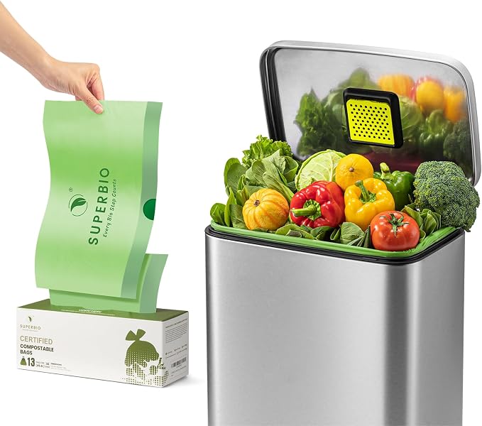 SUPERBIO 13 Gallon Compostable Drawstring Kitchen Waste Bag, 30 Count | 49.2 Liter, 1 Mil, Heavy Duty Food Scrap Bags, BPI, Seedling and OK compost INDUSTRIAL