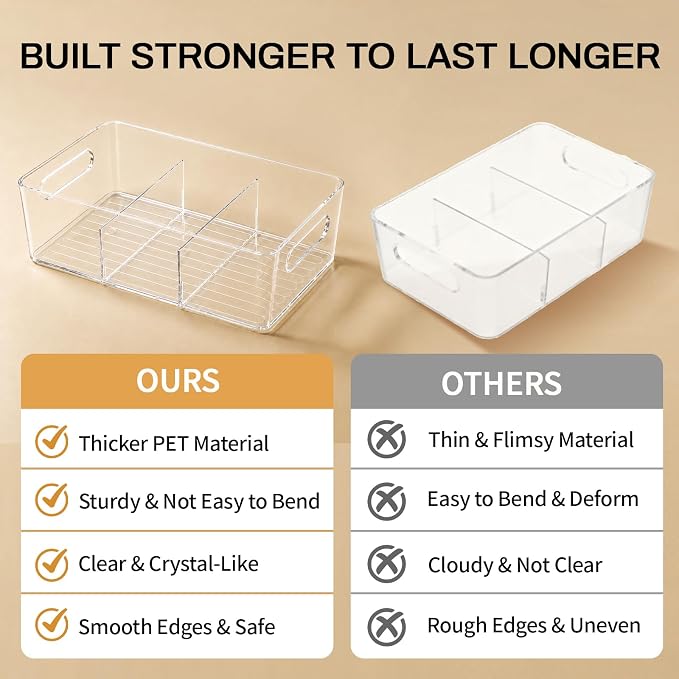 Mpotmiy 4-Pack Pantry Organizers and Storage, Clear Fridge Organizer Bins | Clear stackable plastic bins with removable dividers for packets, snacks, pouches and spices in pantry, fridge or freezer.